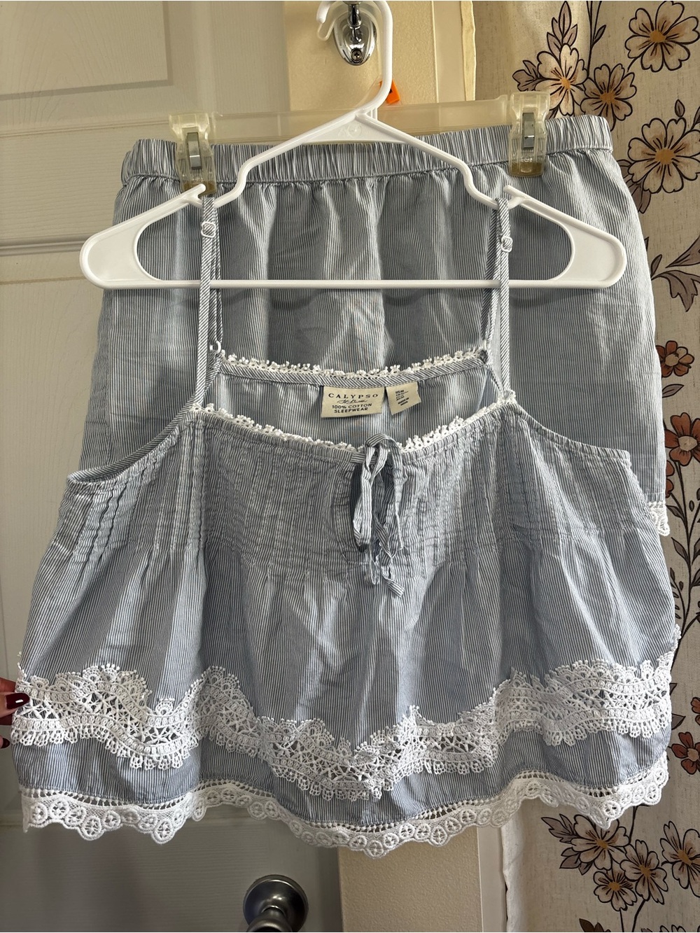 Calypso St Barth Pajama Set 100% Cotton Blue Stripe White Lace Babydoll Med EUC